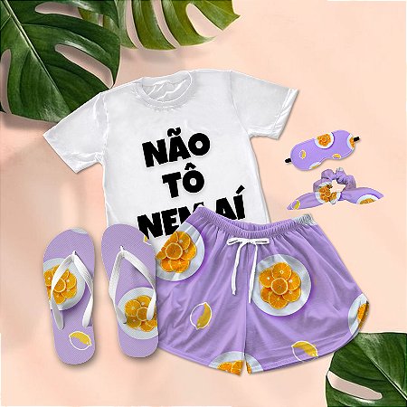 Kit Pijama Curto de Verão Laranja + Chinelo de dedo