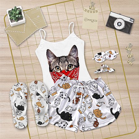 Kit Pijama Alcinha Curto de Verão Gato + Chinelo de dedo