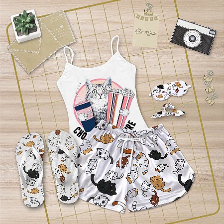 Kit Pijama Alcinha Curto de Verão Gato + Chinelo de dedo