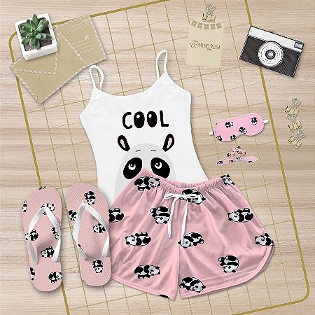 Kit Pijama Alcinha Curto de Verão Panda + Chinelo de dedo