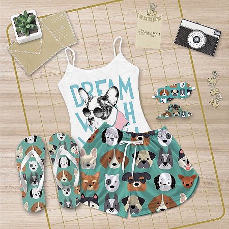 Kit Pijama Alcinha Curto de Verão Dog + Chinelo de dedo