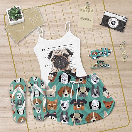 Kit Pijama Alcinha Curto de Verão Dog + Chinelo de dedo