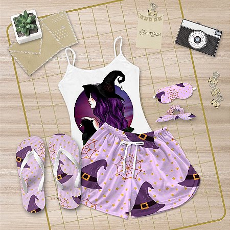 Kit Pijama Alcinha Curto de Verão Bruxa + Chinelo de dedo