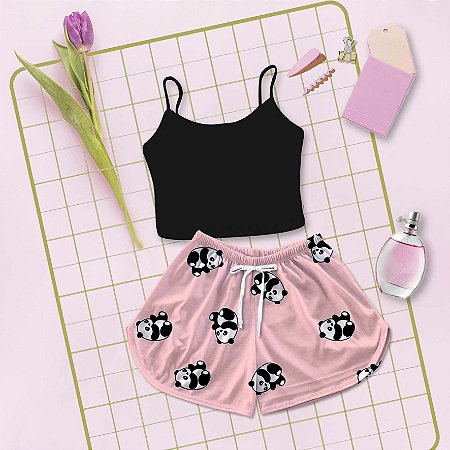 Kit Baby Doll Cropped Preto Estampa Pandinha