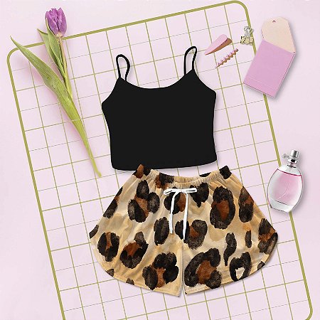 Kit Baby Doll Cropped Preto Estampa Animal Print