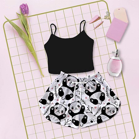 Kit Baby Doll Cropped Preto Estampa Panda Pandinha Preto