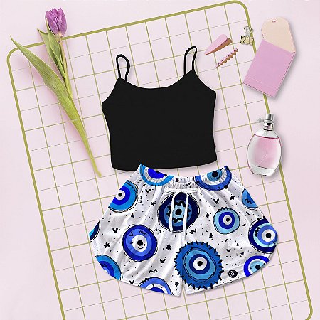 Kit Baby Doll Cropped Preto Estampa Olho Grego Azul