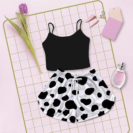 Kit Baby Doll Cropped Preto Estampa Vaca Preta Pintinhas Cow Print