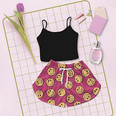 Kit Baby Doll Cropped Preto Estampa Sorriso Smile Pink