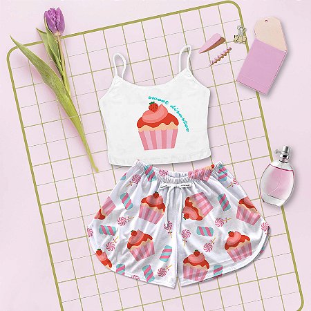 Kit Baby Doll Cropped Feminino Estampa Cookies