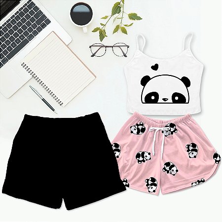 Kit Pijama Baby Doll Cropped Casal Mozão Estampa Panda Rosa Shorts Samba Canção Preto