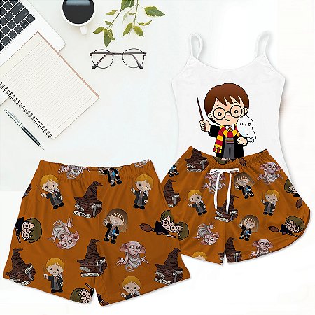 Kit Pijama Baby Doll Casal Mozão Estampa Harry Potter Samba Canção Masculino