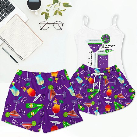 Kit Pijama Baby Doll Casal Mozão Drinks Samba Canção Masculino