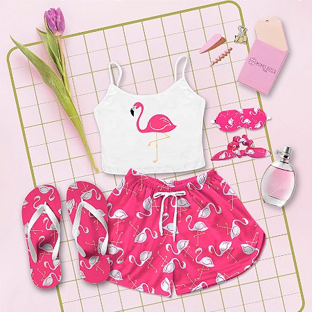 Kit Pijama Cropped Curto de Verão Flamingo + Chinelo de dedo