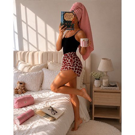 Pijama Feminino Baby Doll Alcinha Preto Coração Vermelho