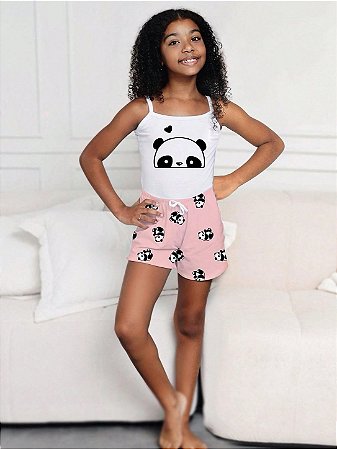 Pijama Baby Doll Feminino Infantil Estampa Pandinha Rosa