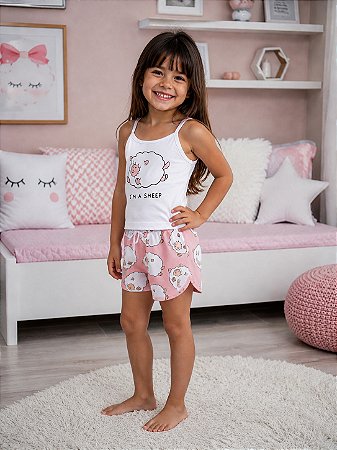 Pijama Baby Doll Feminino Infantil Estampa Ovelhinha Rosa