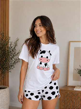 Pijama Feminino De Manga Curta Vaquinha Preta