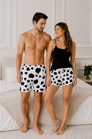 Pijama Baby Doll Preto Casal Vaquinha Preta + Bermuda Masculina Vaquinha
