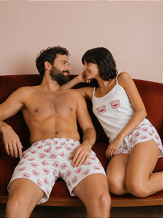 Pijama Baby Doll Branco Casal Porquinho + Bermuda Masculina