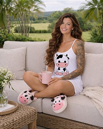 Camisola De Alcinha Branca Estampada Vaquinha Preta
