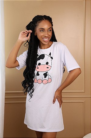 Camisola De Manga Curta Feminina Branca Vaquinha Preta