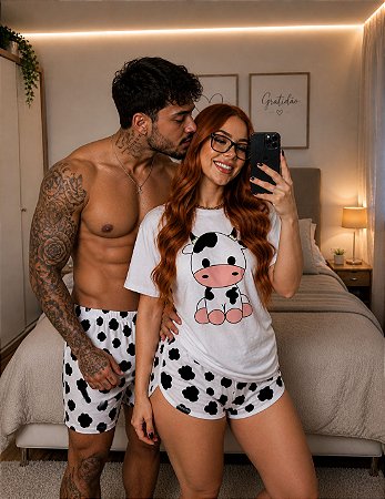 Pijama Manga Curta Casal Vaquinha Preta + Bermuda Masculina Vaquinha