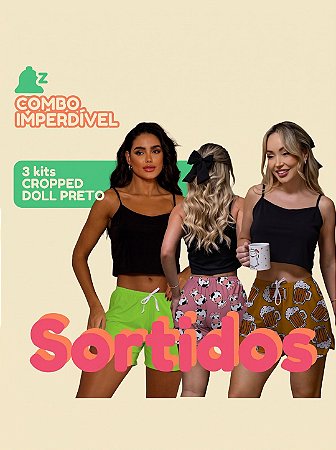 Kit 3 Conjuntos De Cropped Preto Feminino + Shorts Estampas Aleatórias