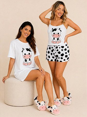 Kit 2 Peças Camisola Branca Vaquinha + Baby Doll Branco Vaquinha Preta