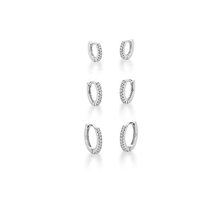 Trio de brincos argolas com zircônias brancas
