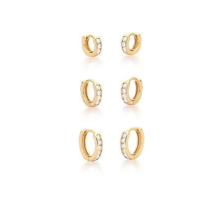 Trio de argolas folheadas a ouro com zircônias brancas