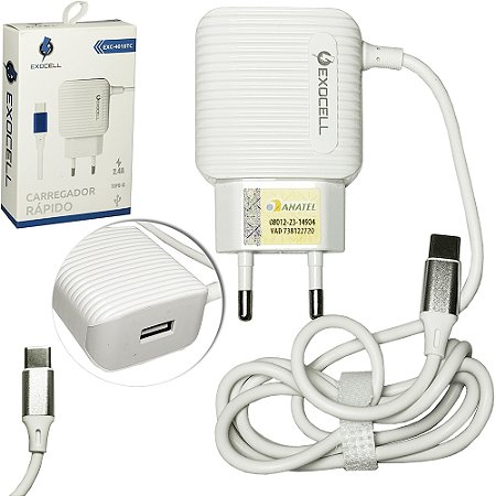 CARREGADOR DE TOMADA BIVOLT RAPIDO 1 SAIDA USB 2.4A E CABO TIPO C EXOCELL 90CM