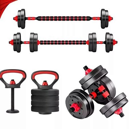 Kit Treino Funcional 10/15/20kg Halteres Barra Supino Kettlebell Preto
