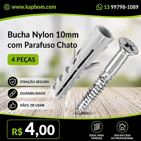 Kit 4 Buchas 10mm com Parafuso Chato – Fixação Forte e Segura