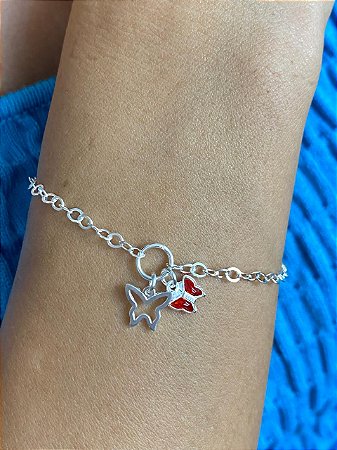 Pulseira Borboleta Vazada e Borboleta Vermelha em Prata 925