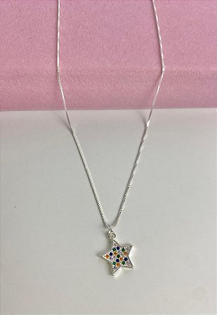 Colar em Prata 925  Estrela Cravejada com Zircônias Coloridas