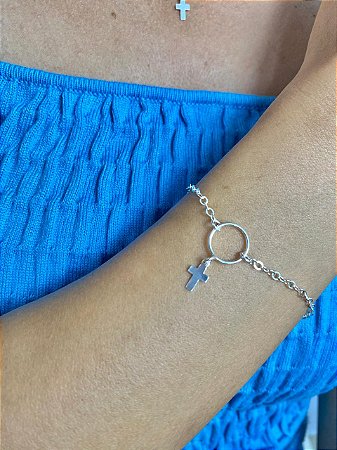 Pulseira Círculo Vazado com Cruz em Prata 925