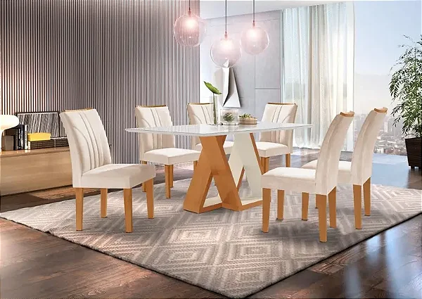 CONJUNTO MESA BELLE 1,70 TP VIDRO C/ 06 CADEIRAS BELLE