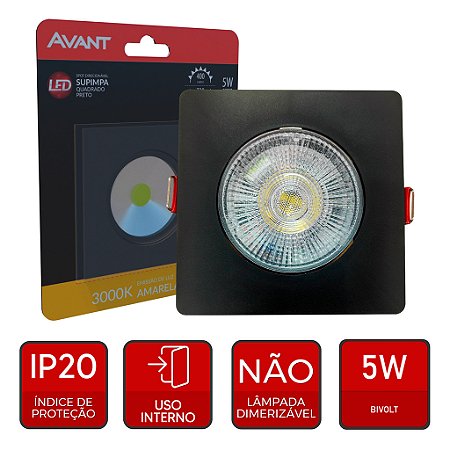 SPOT LED QUADRADO PRETO 5W 3000K REF 865051371-AVANT