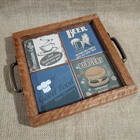 Bandeja Pequena com Azulejo de Cerâmica (madeira maciça) 24cm x 24cm