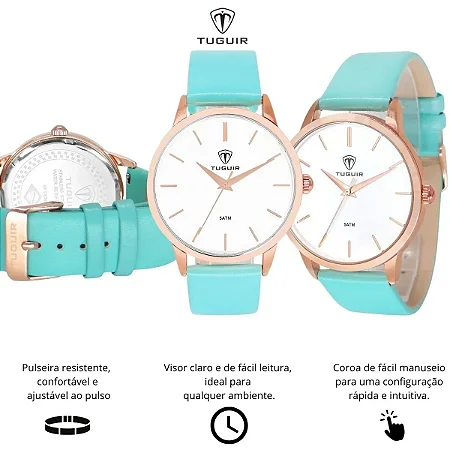 Relogio Feminino Tuguir Analogico TG106 Rose e Verde agua Original Certificado com Garantia a Prova D´agua, Caixa Personalizada