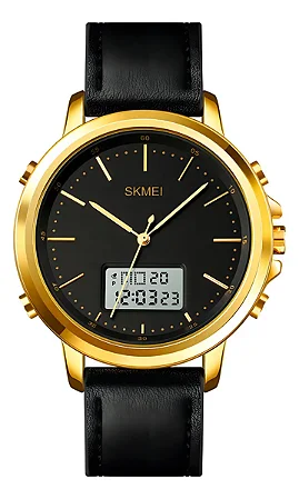 Relógio Masculino Skmei 1652 Anadigi Preto Dourado Luxo - Pulseira Couro, Cronômetro, Alarme, Calendário, Resistente À Água 3 ATM.