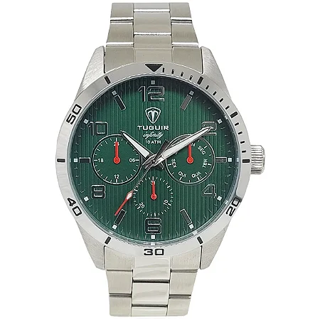 Relógio Masculino de Aço MultiFunção Tuguir Analógico Infinity TGI37058 Prata e Verde 10 ATM