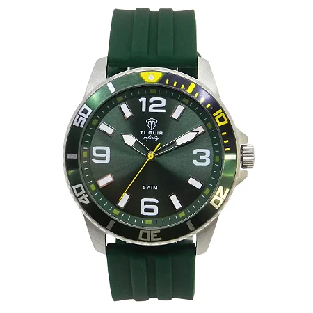 Relógio Masculino de Aço Tuguir Analógico Infinity 9169C Prata e Verde e Amarelo 5 ATM