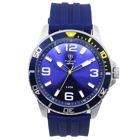 Relógio Masculino de Aço Tuguir Analógico Infinity 9169C Prata e Azul e Amarelo 5 ATM