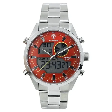 Relógio Masculino de Aço Tuguir AnaDigi Infinity GCS-1265 Prata e Vermelho 5 ATM