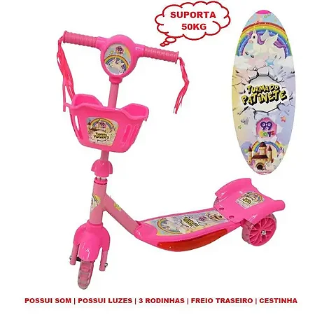 Patinete som e Luz com cesto até 50kg Rosa 99toys