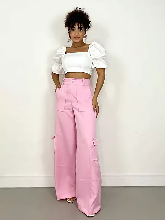 Calça Feminina Alfaiataria Pantalona Cargo Iris Ref. 1278 Tamanho:G;Cor:Verde água