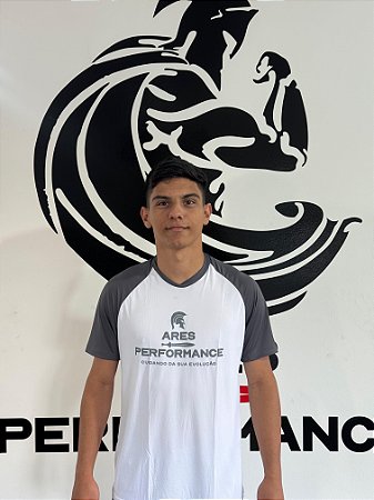 CAMISETA ARES BRANCA COM RECORTE E GOLA COR CHUMBO