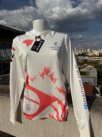 CAMISETA DE PESCA COM CAPUZ – UV PROTECTION 50 UPF - MAR NEGRO - FEMININA - TAMANHO P - OFF-WHITE